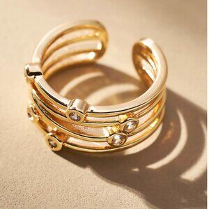 Anthropologie Stacked Crystal Open-Band Ring adjustable gold faux diamonds bezel